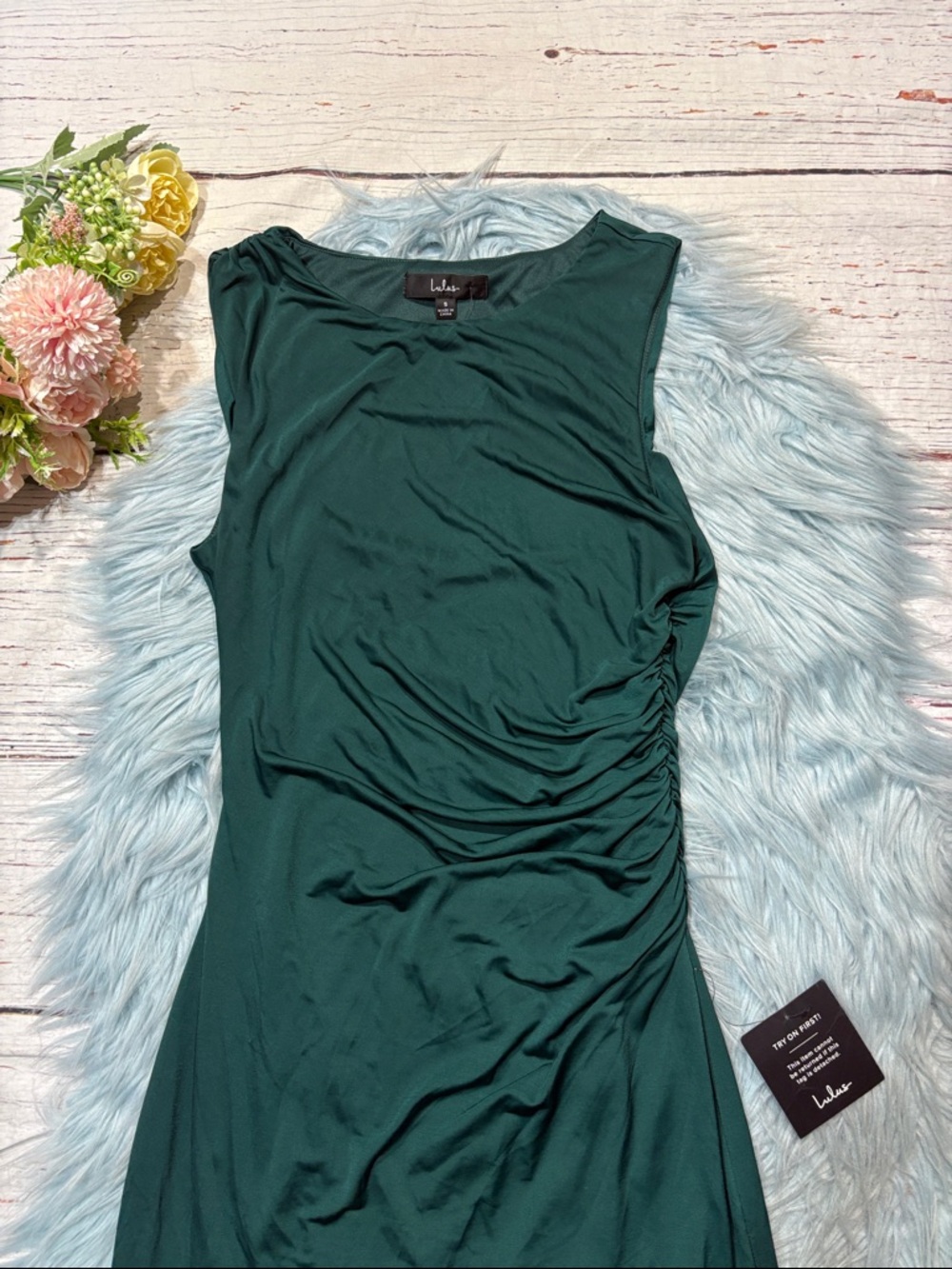 NWT Lulus Eye-Catching Flirt Emerald Ruched Asymmetrical Mini Dress - Picture 6 of 8
